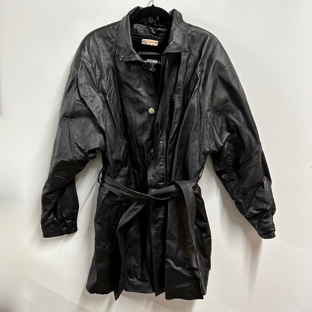 Vintage Gianni Ferrara Black Leather Long Bomber Jacket